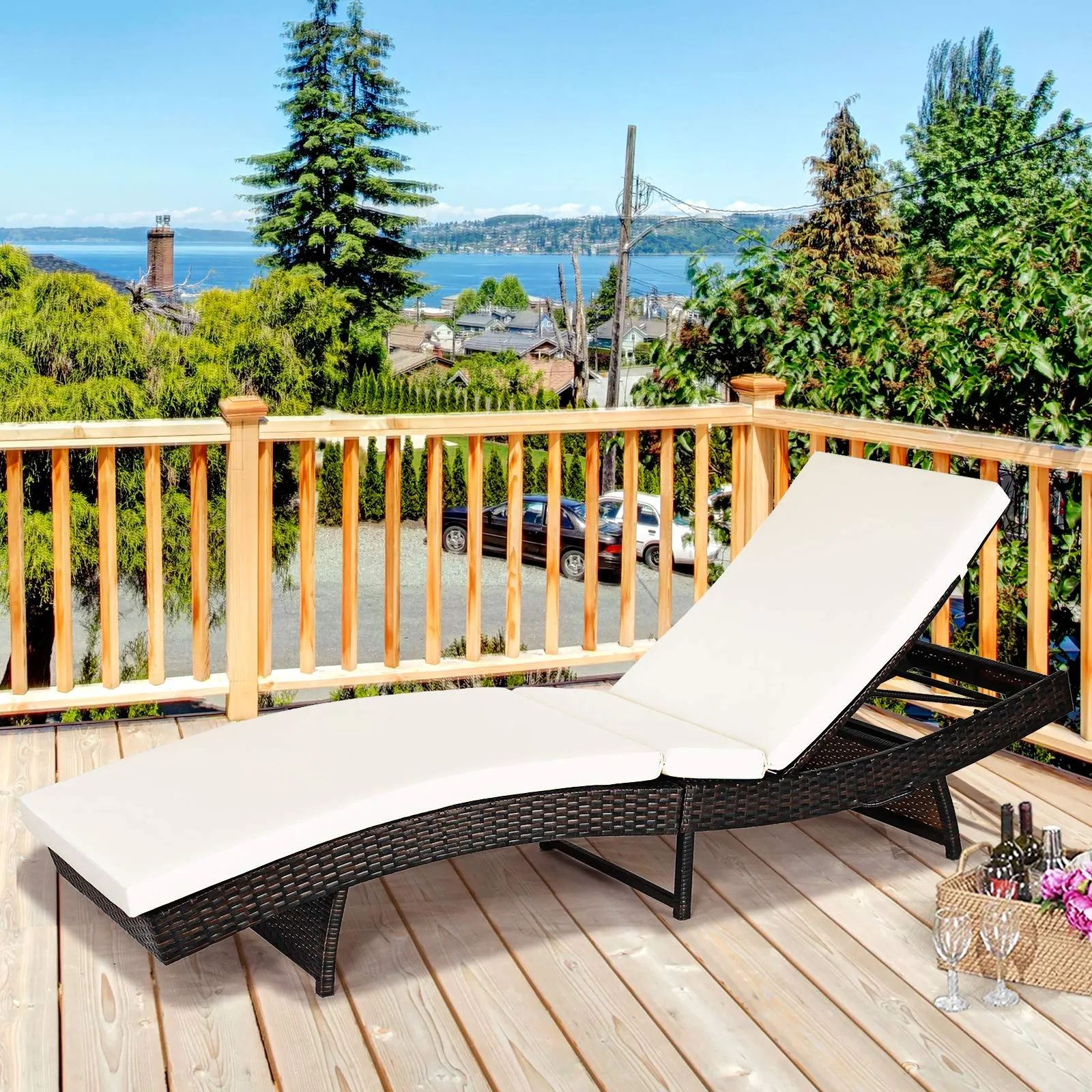 Tangkula Outdoor Folding Chaise Lounge, Rattan Patio Lounge Chair with Removable Thick Cushion, 5 Adjustable Levels