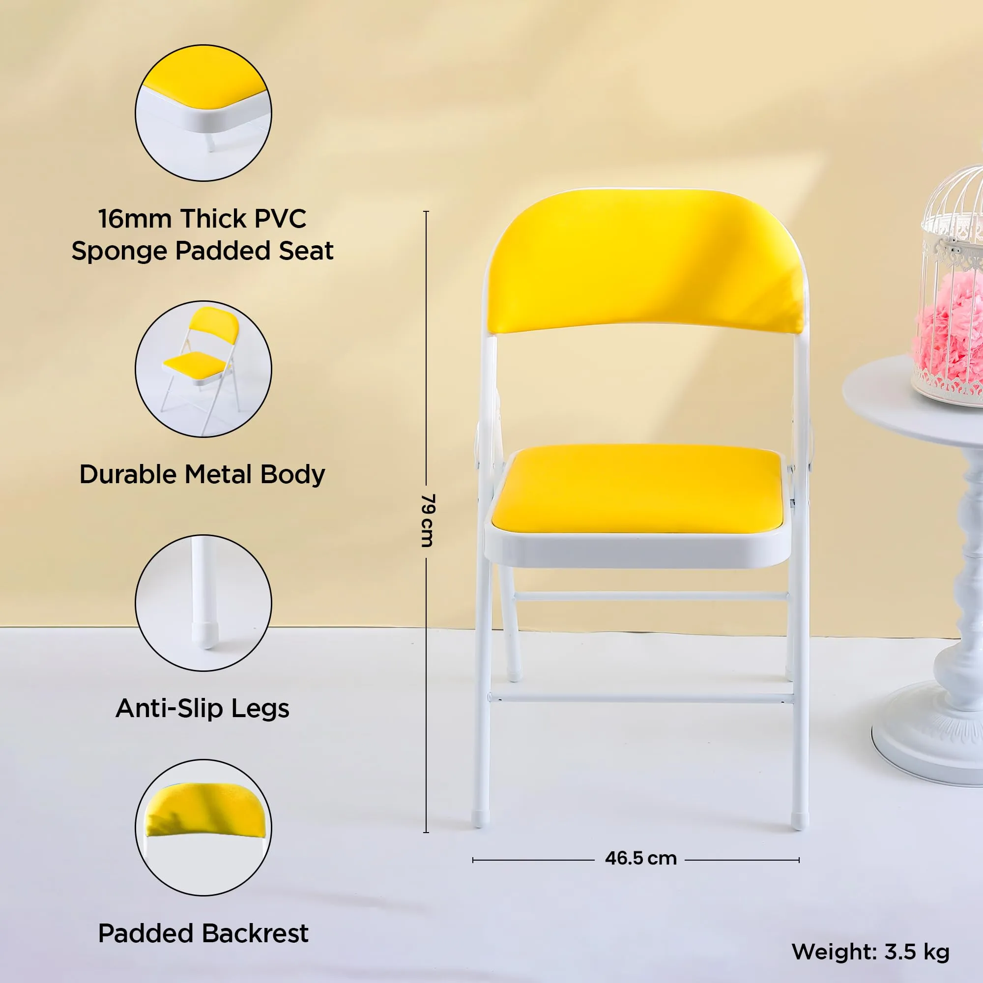 UMAI Outdoor Furniture Folding Chair | Metal Frame & PVC   Sponge Seat | Portable Lightweight Anti Slip Legs | Multipurpose Balcony Garden Camping | Indoor & Outdoor | Yellow | 400 * 400 * 0.65mm.