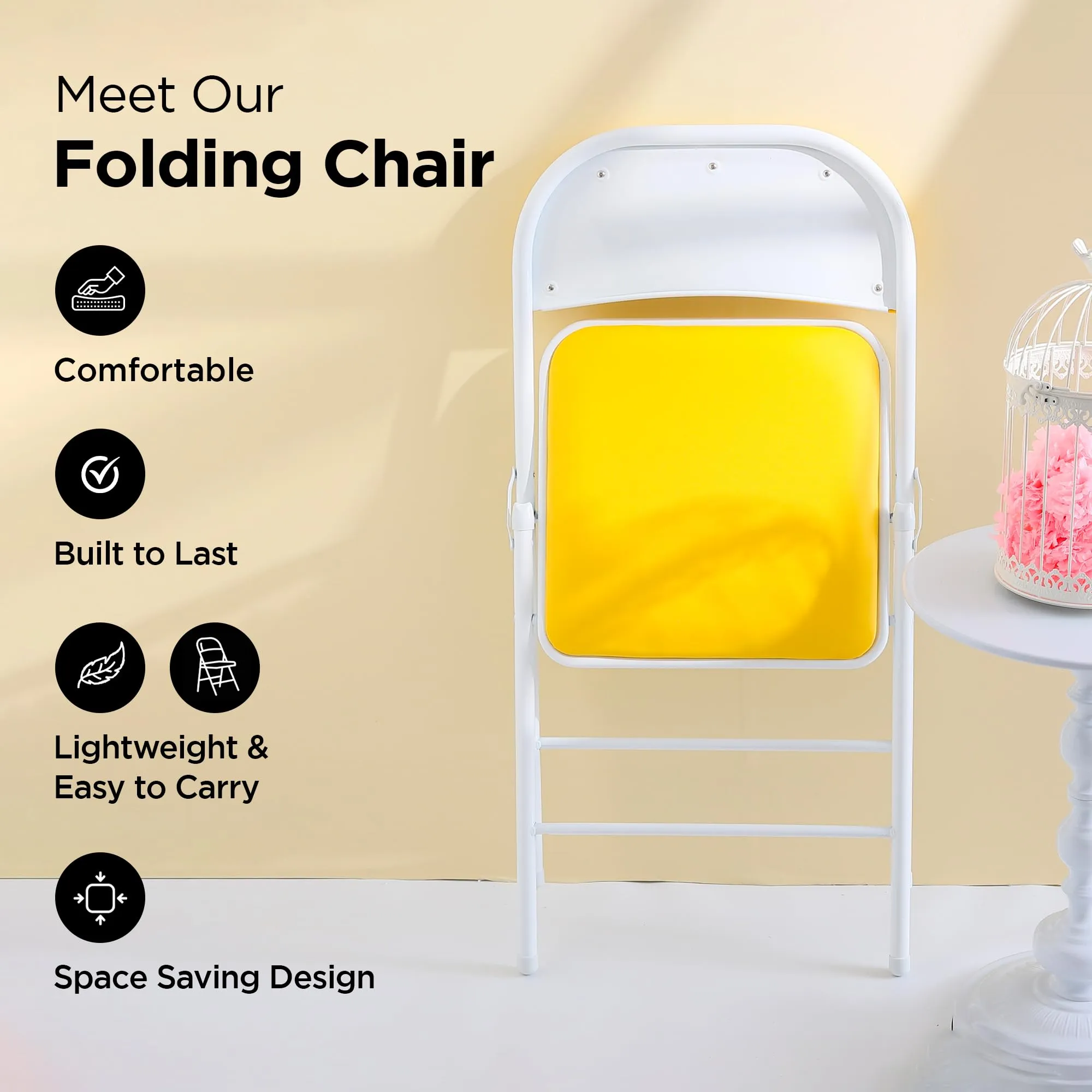 UMAI Outdoor Furniture Folding Chair | Metal Frame & PVC   Sponge Seat | Portable Lightweight Anti Slip Legs | Multipurpose Balcony Garden Camping | Indoor & Outdoor | Yellow | 400 * 400 * 0.65mm.