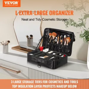 VEVOR Makeup Train Case Large Storage 3 Tiers, Convenient Carry With Handle, Strap, Professional Waterproof Oxford Makeup Storage Organizer Box, Heavy Duty Make Up Carrier, Black